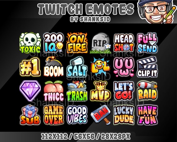 24 Text Emotes Pack #1, Twitch and Discord Set, PNG Files, Premium Emotes, For Streaming Needs