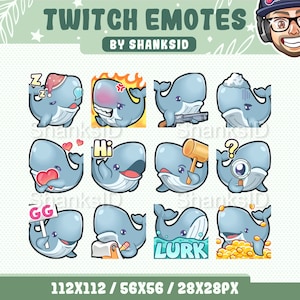 12 Whale Twitch Emotes Pack, Twitch and Discord Set, PNG Files, Premium Emotes, For Streaming Needs