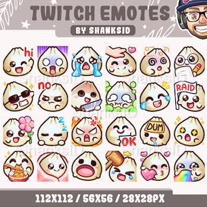 May include: A set of 18 Twitch emotes featuring a cartoon character with a white bun and various expressions, including "hi", "no", "OK", "DUM", and "RAID". The emotes are designed in a 112x112, 56x56, and 28x28 pixel format.