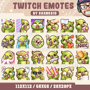 Puede incluir: Un conjunto de emotes de Twitch con un pájaro verde con varias expresiones. Los emotes incluyen el texto "Twitch Emotes" y "By Shanksid". Los emotes de pájaros muestran emociones como llorar, confusión y sostener un corazón. La imagen también incluye los tamaños 112x112, 56x56 y 28x28px.