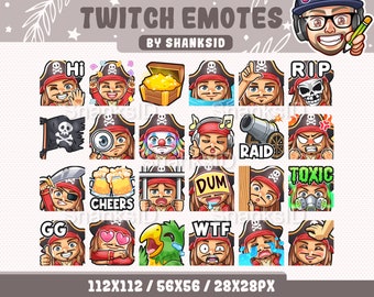 May include: A set of 16 colorful Twitch emotes featuring a pirate character in various poses and expressions. The emotes include phrases like "Hi", "RIP", "Raid", "Cheers", "GG", "WTF", "Toxic", and "Dum".