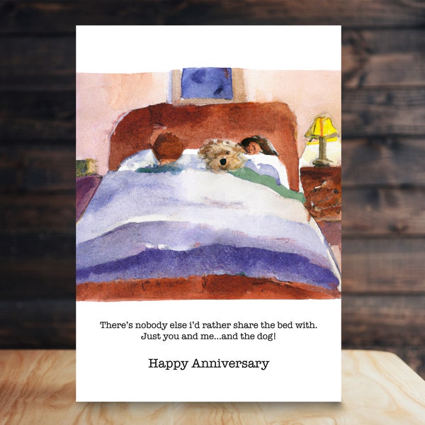 Sharing the bed with the Dog funny Anniversary Card | Watercolour style dog in the bed Anniversary Card
