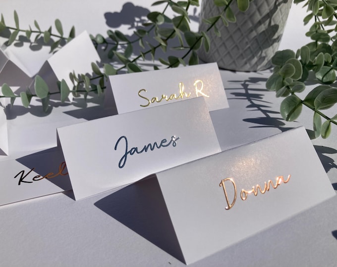 Personalised Foil Wedding Place Cards | Gold Silver Rose Gold Raised Foil | Name Place Card | Handwriting Font