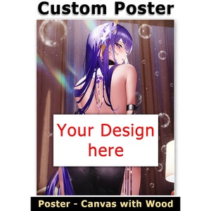 Pode incluir: Pôster personalizado com um espaço de design que apresenta uma mulher com cabelo longo roxo e um vestido preto. O texto "Your Design here" é exibido no pôster. O pôster é feito de tela com madeira.