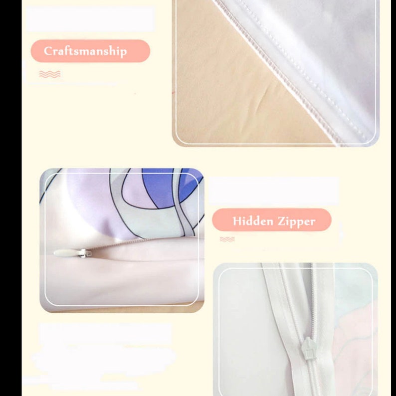 Puede incluir: Primer plano de una funda de almohada blanca con una cremallera oculta. La cremallera es blanca y tiene un tirador plateado. La funda de almohada est&aacute; hecha de una tela suave y lisa. "Cremallera oculta" est&aacute; escrito en una etiqueta rosa.