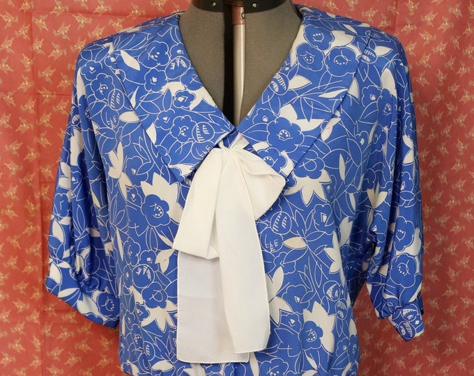 Vintage Blue And White Collar With Bow Floral Courtney Jones By Teddi Dress In Sz 16
