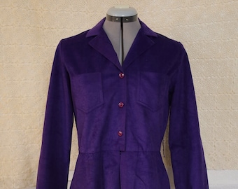 Vintage 70s Caron Chicago Bright Purple Button Up Military Style Long Sleeve Dress With Pockets