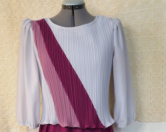 Vintage 70s Sandi Dee Shades Of Purple Pleated Sheer Long Sleeve Dress In Size 9/10