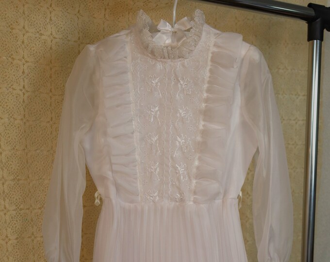 Vintage 80s Merry Girl Long Sleeve Sheer Ruffle Lace Pleaded Juniors Size 10 Prairie Dress