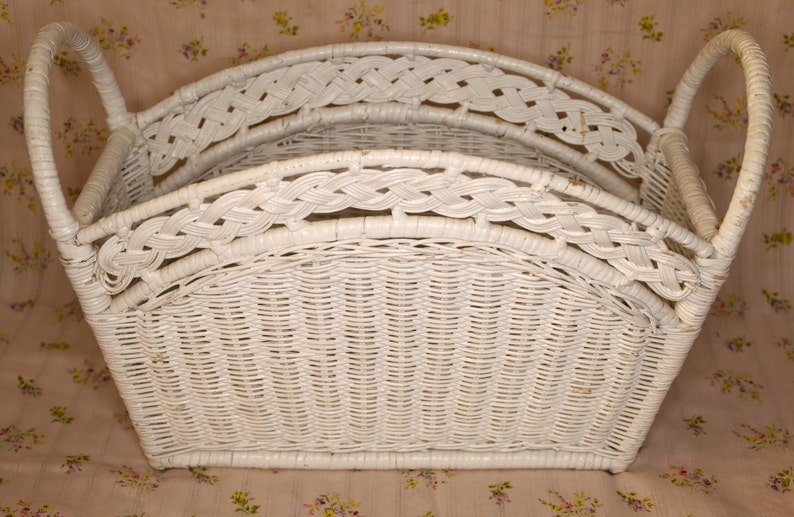 Vintage White Wicker Magazine Holder Etsy