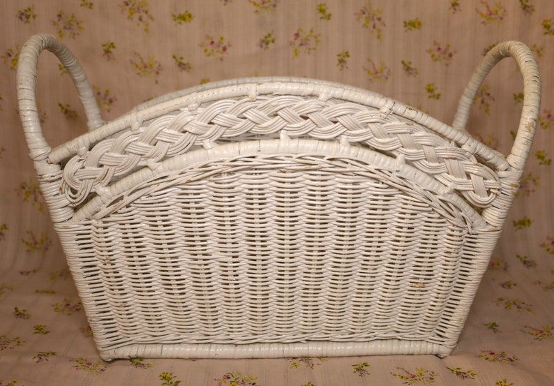 Vintage White Wicker Magazine Holder Etsy