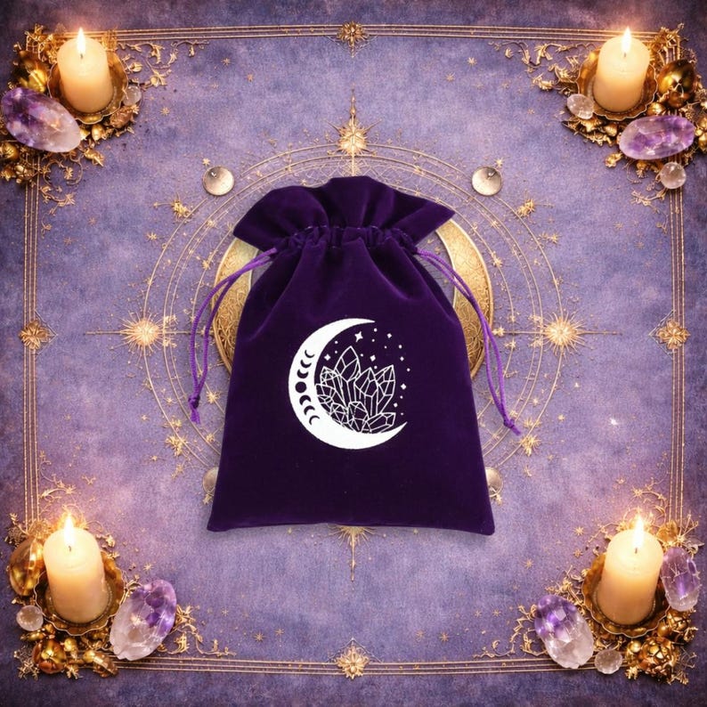 May include: A deep purple velvet drawstring pouch featuring a white graphic print of a crescent moon containing a cluster of crystals and small stars. The pouch has matching purple cord ties and is centred on a purple fabric surface.