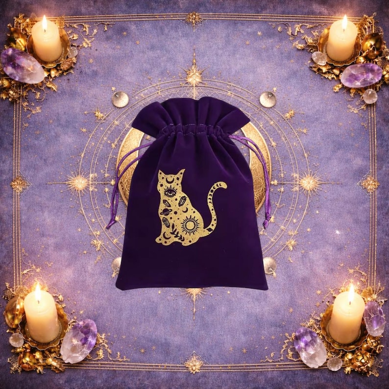 May include: A deep purple velvet drawstring pouch featuring a gold-coloured graphic of a sitting cat. The cat silhouette is filled with celestial motifs including stars, a crescent moon, a planet, and a sun. The pouch has matching purple cords.