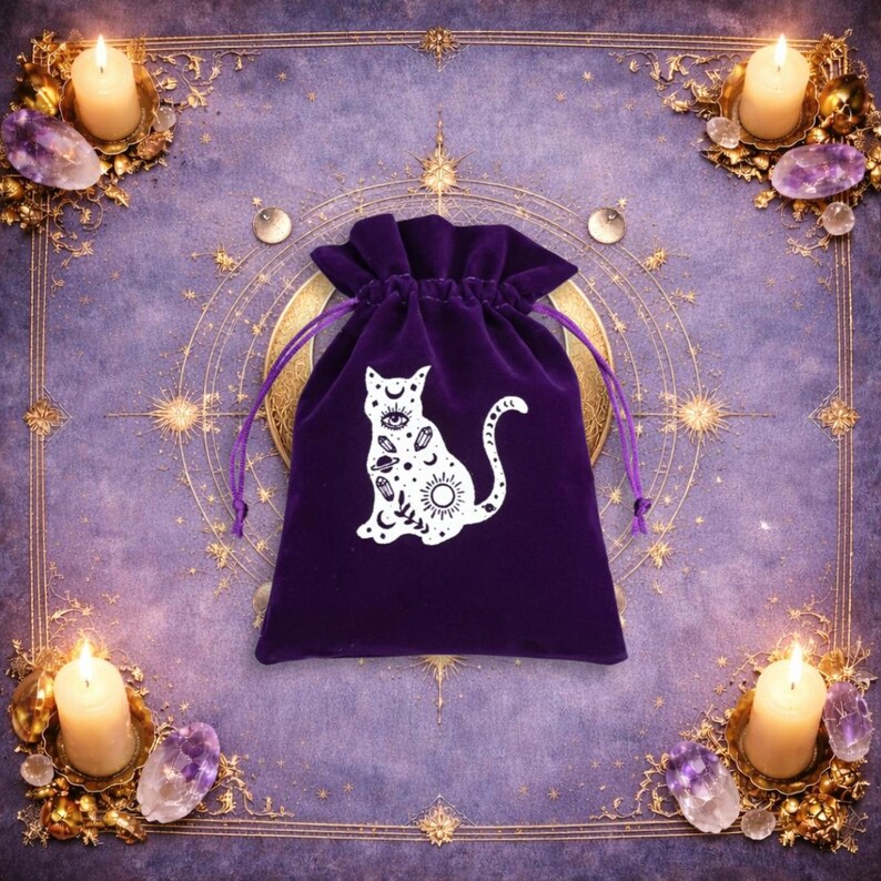 May include: A deep purple velvet drawstring pouch featuring a white graphic print of a cat silhouette decorated with celestial symbols including a crescent moon, an eye, planets, and stars, finished with matching purple drawstring cords.