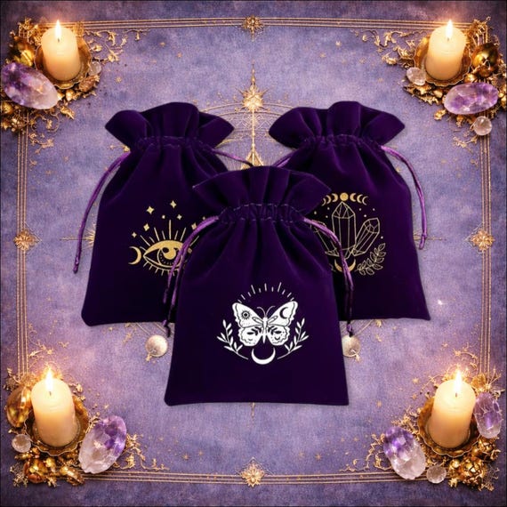 Purple Velvet Tarot Card Deck Pouch Mystic Print Storage Bag Witchy Altar Accessory Gift