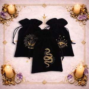 Schwarze Samt Tarot Tasche mit mystischem Druck, Celestial Deck Aufbewahrungstasche