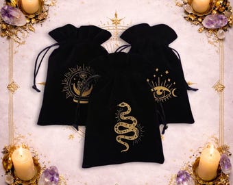 Black Velvet Tarot Bag with Mystic Print, Celestial Deck Storage Pouch
