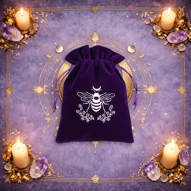 May include: A deep purple velvet drawstring pouch featuring a white screen-printed graphic of a bee centred beneath a crescent moon, flanked by two leafy branches. The pouch has matching purple fabric drawstrings at the top closure.