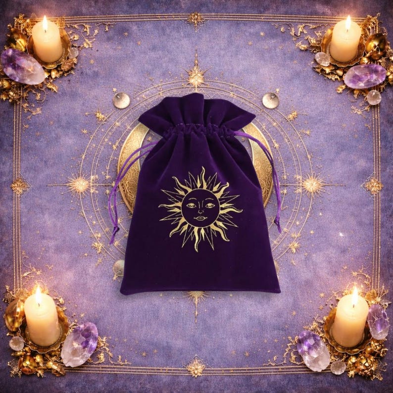 May include: A deep purple velvet drawstring pouch featuring a gold-coloured sun graphic with a face at the centre. The pouch has a gathered top closure with matching purple fabric cords on each side, designed for holding small items securely.
