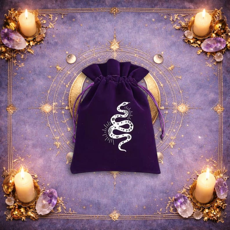 May include: A deep purple velvet drawstring pouch featuring a white graphic print of a snake with celestial moon and star patterns on its body. The bag has a gathered top closure with matching purple fabric cords for securing the contents inside.