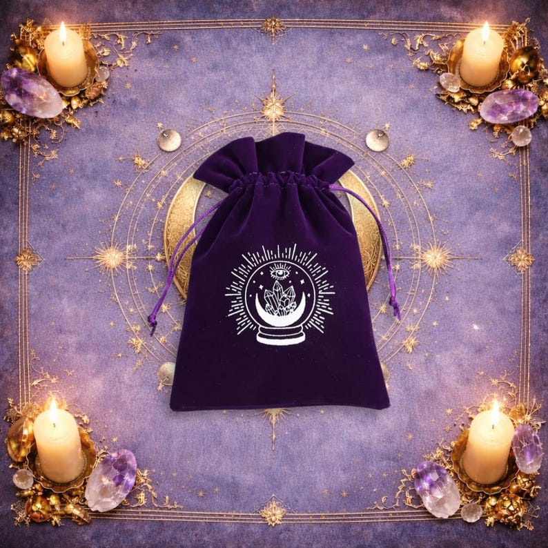 May include: A deep purple velvet drawstring pouch featuring a white screen-printed graphic of a crystal ball containing crystals and a crescent moon, topped with an eye symbol and surrounded by radiating sunburst lines on the front surface.