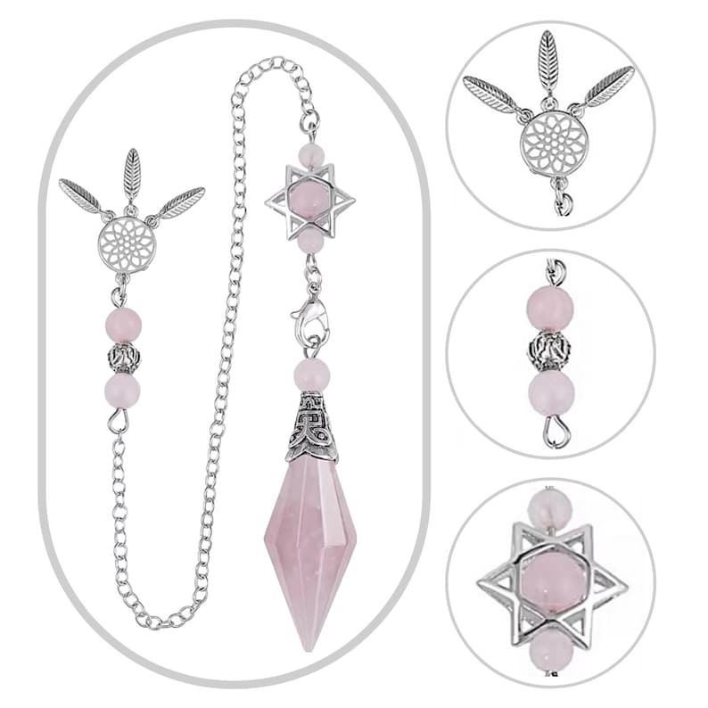K&ouml;nnte beinhalten: Ein silberfarbenes Pendel mit einer facettierten, rosafarbenen Kristallspitze, verbunden durch eine Kette mit einem sternf&ouml;rmigen Anh&auml;nger mit einem rosa Stein. Zus&auml;tzliche rosa Perlen und ein Traumf&auml;nger-Anh&auml;nger erg&auml;nzen das Design. Das Pendel wird wahrscheinlich zur Wahrsagung verwendet.