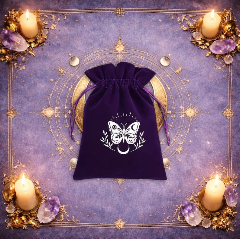 May include: A deep purple velvet drawstring pouch featuring a white graphic print of a butterfly with celestial sun and moon symbols on its wings, positioned above a crescent moon icon and flanked by small leafy sprigs on both sides.