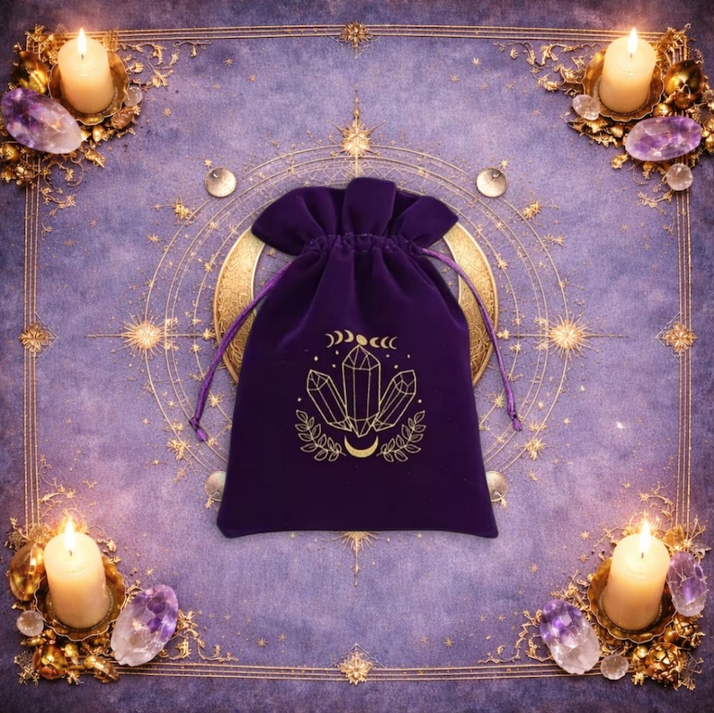 May include: A deep purple velvet drawstring pouch featuring a gold-coloured graphic print of three crystals, a crescent moon, and leafy branches. The pouch is centred, with four white pillar candles placed at the corners of the frame.