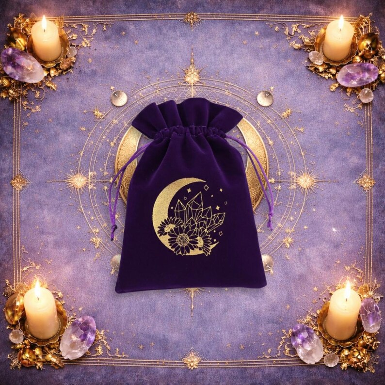 May include: A deep purple velvet drawstring pouch featuring a gold-coloured graphic print of a crescent moon, crystals, and sunflowers. The pouch has matching purple fabric cords for closure and is centred on a purple surface with gold accents.