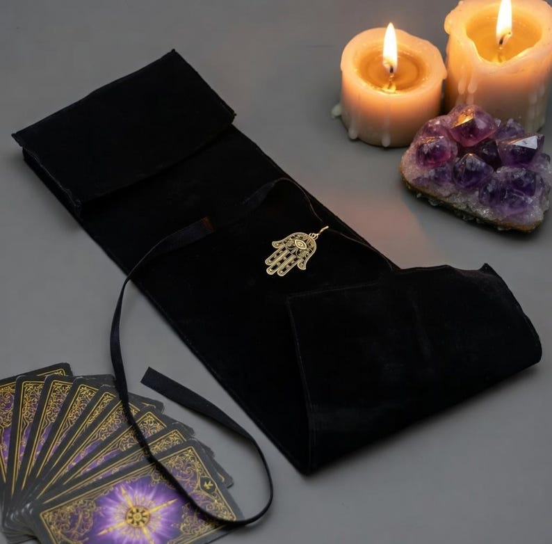 Black Flannel Tarot Card Wrap Deck Holder Pouch Hamsa Charm Storage Case Oracle Gift image 2