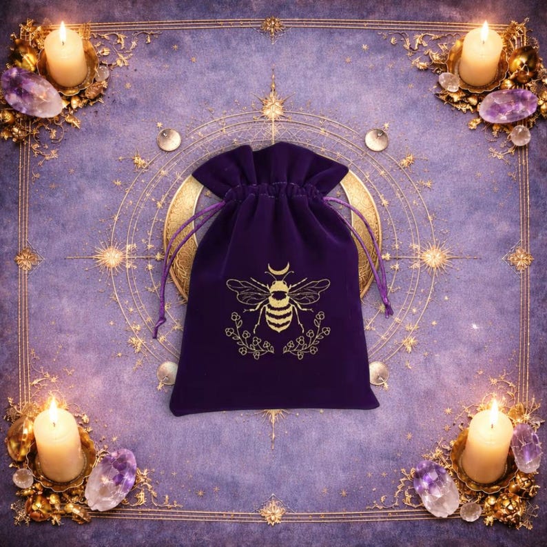 May include: A deep purple velvet drawstring pouch featuring a gold-coloured graphic of a bee with a crescent moon above its head and floral sprigs below. The pouch has matching purple drawstrings and is centred on a purple fabric surface.