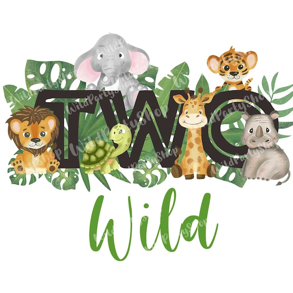 Two Wild PNG, 2nd Second Birthday, Safari jungle sublimation PNG file, baby boy animals designs, kids clipart, animals watercolor print