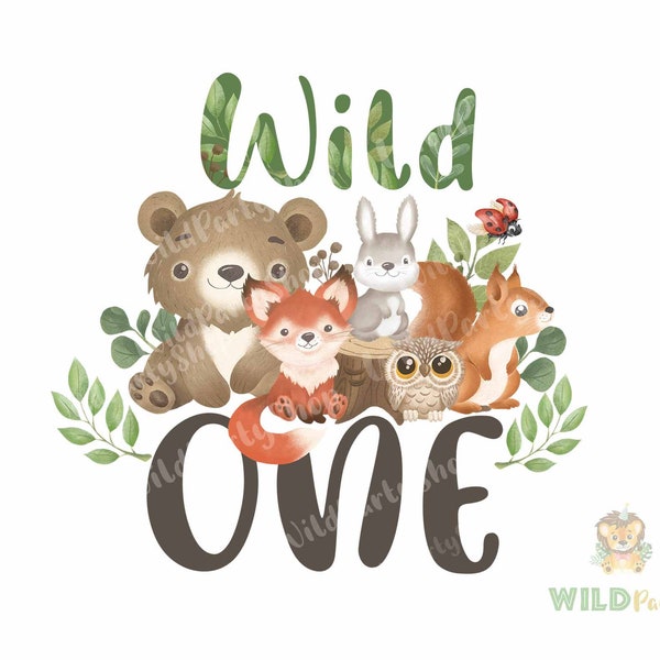 Wild One Woodland Animals 1st First Birthday, T-shirt transfer Sublimation PNG File, Forest Kids Party Watercolor effect design