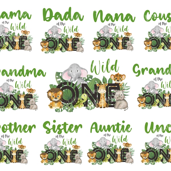 Wild One Family Matching Birthday T-shirt Bundle transfer sublimation PNG file, Mom and Dad, Jungle Safari designs, Lion giraffe