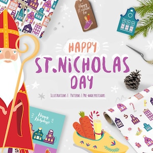St Nicholas Clipart Set, colección Sinterklaas, Saint Nick Christmas, tarjeta de felicitación imprimible, patrones, papel didital, archivos PNG