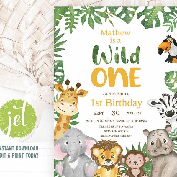 Editable Wild One Safari Invitation, 1st First Birthday Greenery Baby Animals digital template, WOSAB1
