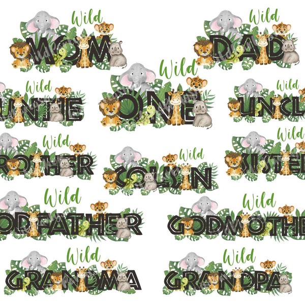 Wild One Family Matching Birthday T-shirt Bundle transfer sublimation PNG file, Mom and Dad, Jungle Safari designs, Lion giraffe