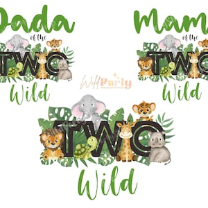 Zwei Wilde Familie Passende T-Shirt Transfer, 2. Zweiter Geburtstag Sublimation PNG-Datei, Wild Mama und Dada, Dschungel Safari Designs, Löwengiraffe