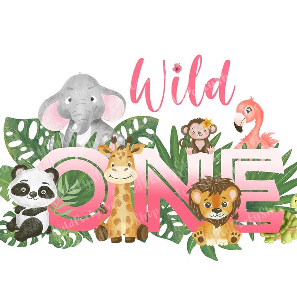 Wild ONE 1st Birthday Girl PNG, Safari T-shirt transfer file, baby animals, jungle sublimation design, kids watercolor prints