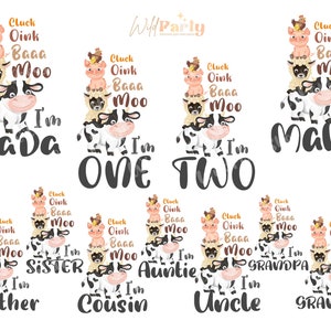 J'ai deux ans, j'ai deux ans, le premier et le deuxième anniversaire des animaux de la ferme, motif de transfert de T-shirt assorti PNG, téléchargement numérique