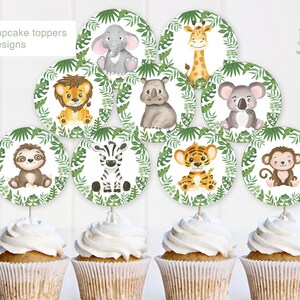 Safari Wild One Cupcake Toppers, Jungle 2'' ronde gunst tags stickers, Verjaardag Baby Douche Dieren, AFDRUKBAAR feestdecor, WOSAB1