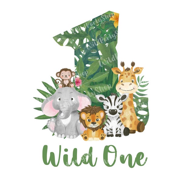 Wild One Jungle Safari 1st Birthday Boy Girl Kids Design, Watercolor effect Baby Sublimation T-shirt transfer PNG