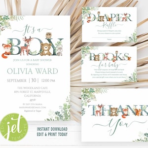 Het is een jongen, Woodland Animals Baby Shower Bundle, Greenery Gepersonaliseerde bewerkbare digitale uitnodiging sjabloon, boeken aanvraag, luier BSWAB1