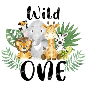 Wild One 1st Birthday Safari Jungle Animals Kids Design Watercolor effect T-shirt transfer design PNG, Digital Download