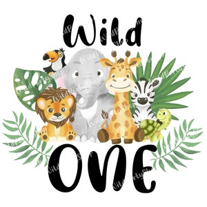 Wild One Geburtstag Safari Dschungel Tiere Kinder Design Aquarell Effekt T-Shirt Transfer Design PNG, digitaler Download