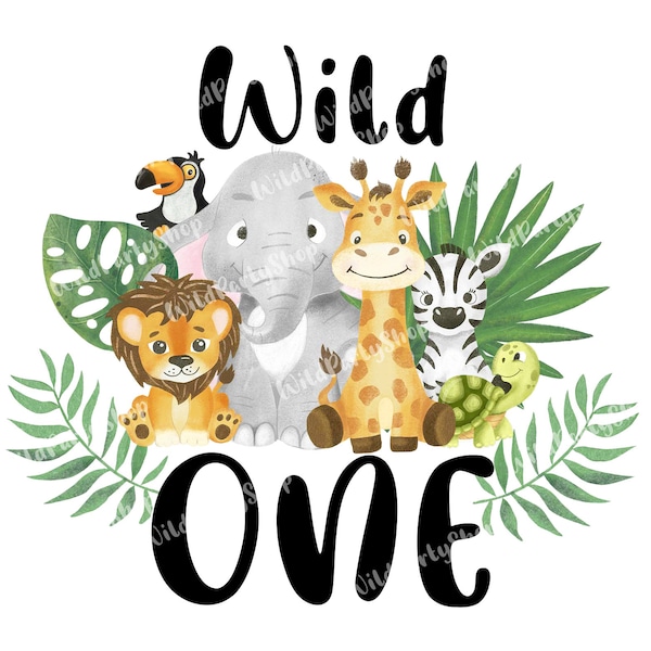 Wild One 1e verjaardag Safari Jungle Animals Kids Design Aquarel effect T-shirt transfer ontwerp PNG, Digitale Download