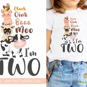 Moo I’m Two, 2nd Birthday Farmyard Animals Kids Design Effet Aquarelle T-shirt transfert design PNG, Téléchargement numérique