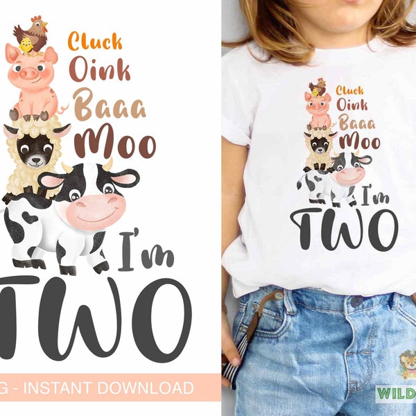 Moo I'm Two, 2nd Birthday Farmyard Animals Kids Design Watercolor effect T-shirt transfer design PNG, Digital Download