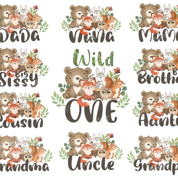 Wild One Family Matching Birthday T-shirt Bundle transfer sublimation PNG file, Mama and Dada, Woodland Forest designs, bear fox owl