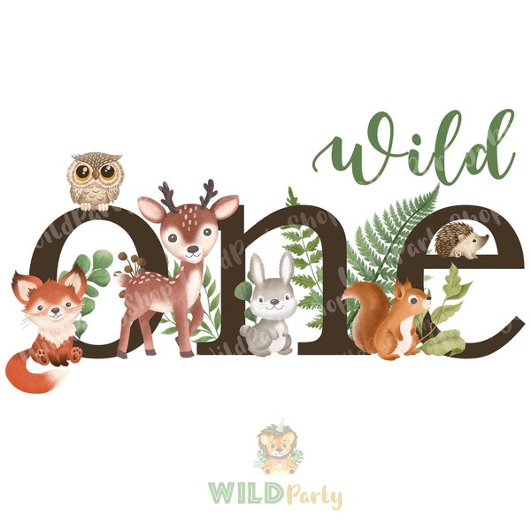 Wild One Woodland Animals 1st Birthday, T-shirt transfer PNG, Forest Kids Watercolor effect design, Digital Download